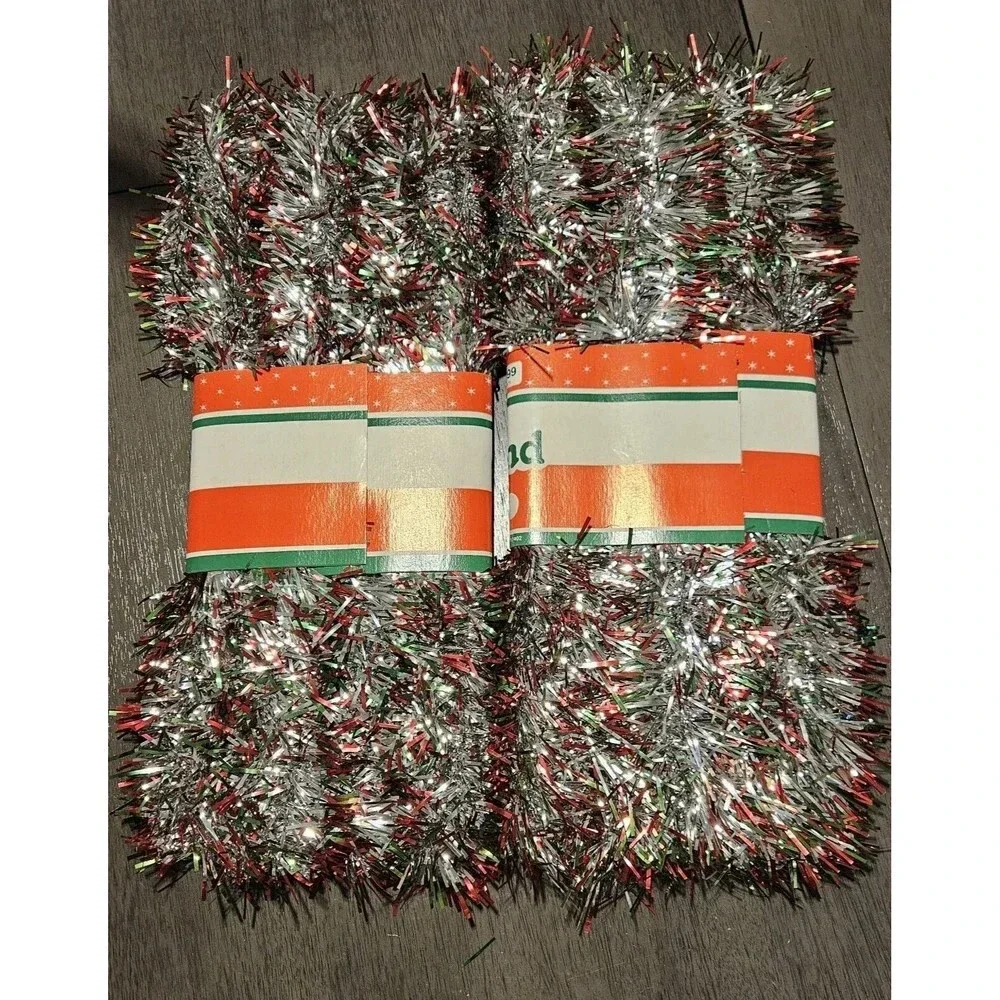 NOS Vtg Stardust Red Green Tinsel Christmas Garland 15 Ft Lot 2 Flame Resistant